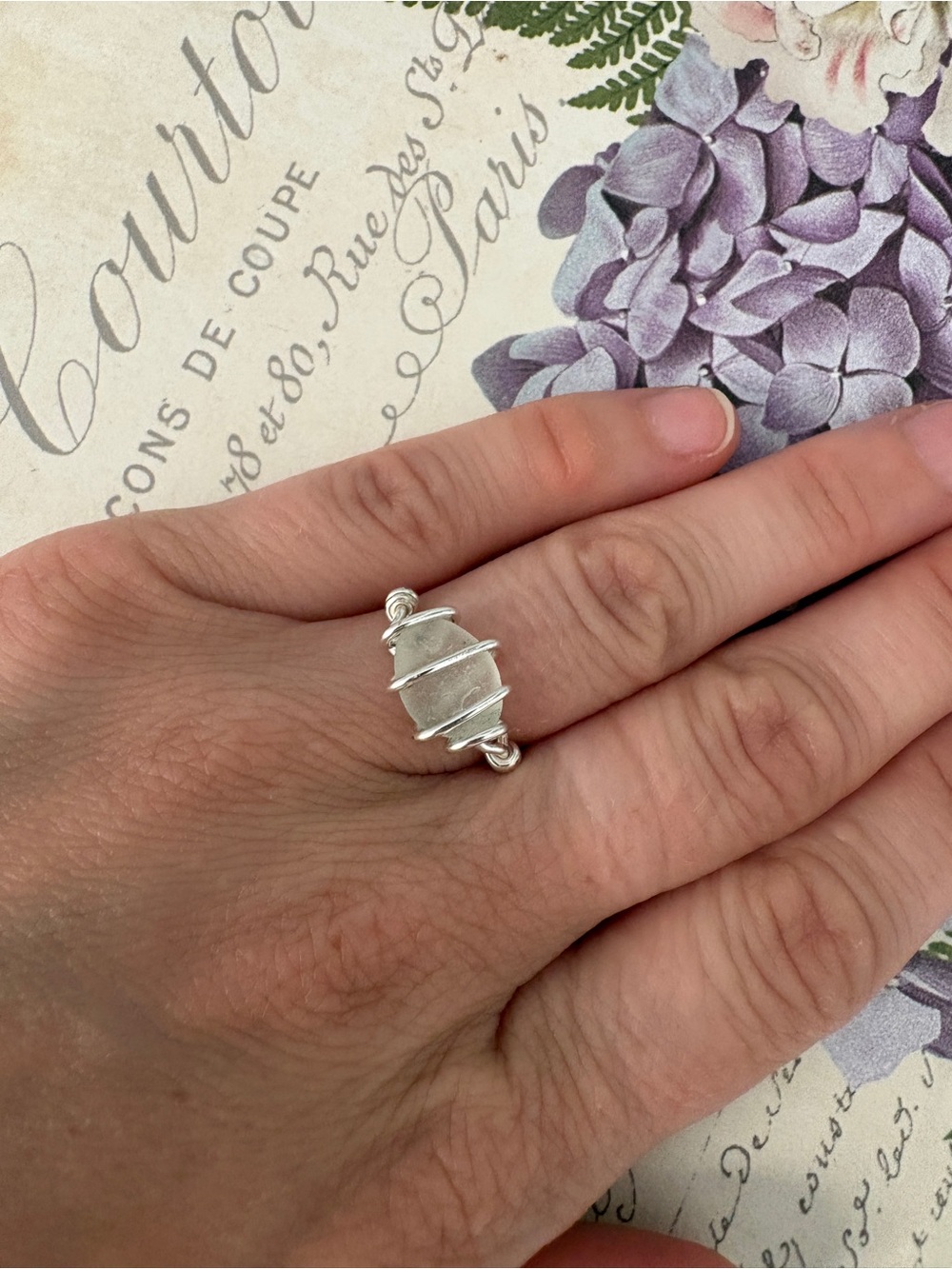 Hand Crafted Silver Plated Sea Glass Ring - White Seafoam - Size 5